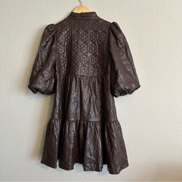 Emily McCarthy XXS Brown FX Leather Puff Sleeve Dress Matrix Steampunk Wet Look - Picture 3 of 16